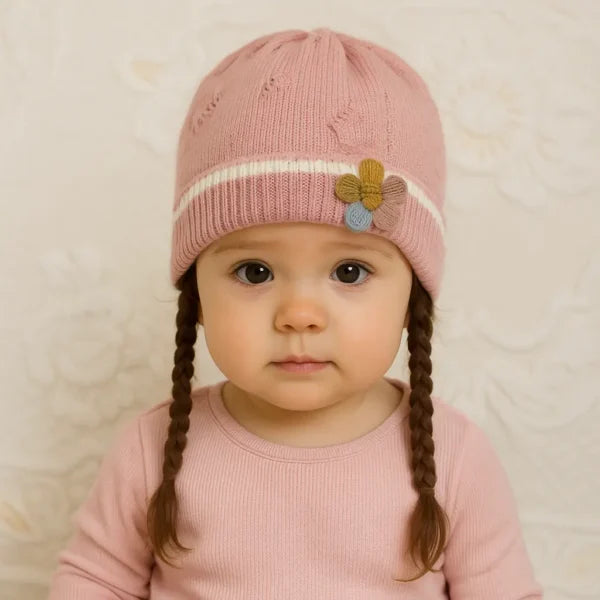 Knitted Woolen Cap with Braided Hair (12- 36M) – Floral Patch – Soft & Warm