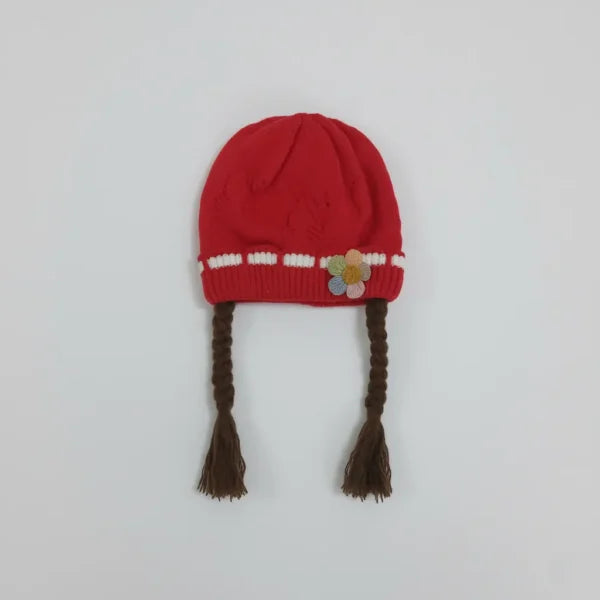Knitted Woolen Cap with Braided Hair (12- 36M) – Floral Patch – Soft & Warm