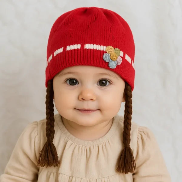 Knitted Woolen Cap with Braided Hair (12- 36M) – Floral Patch – Soft & Warm