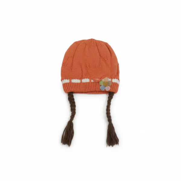 Knitted Woolen Cap with Braided Hair (12- 36M) – Floral Patch – Soft & Warm