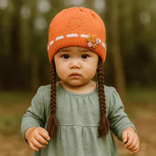 Knitted Woolen Cap with Braided Hair (12- 36M) – Floral Patch – Soft & Warm