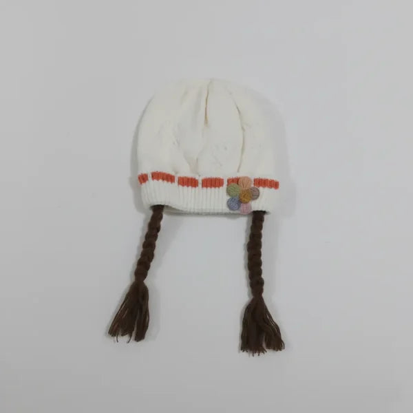 Knitted Woolen Cap with Braided Hair (12- 36M) – Floral Patch – Soft & Warm