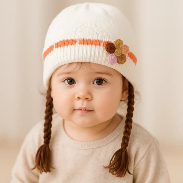 Knitted Woolen Cap with Braided Hair (12- 36M) – Floral Patch – Soft & Warm