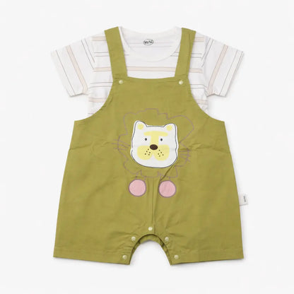 Lion Patch Dungaree Romper & Striped T-Shirt (Imported) – 12M to 3Y
