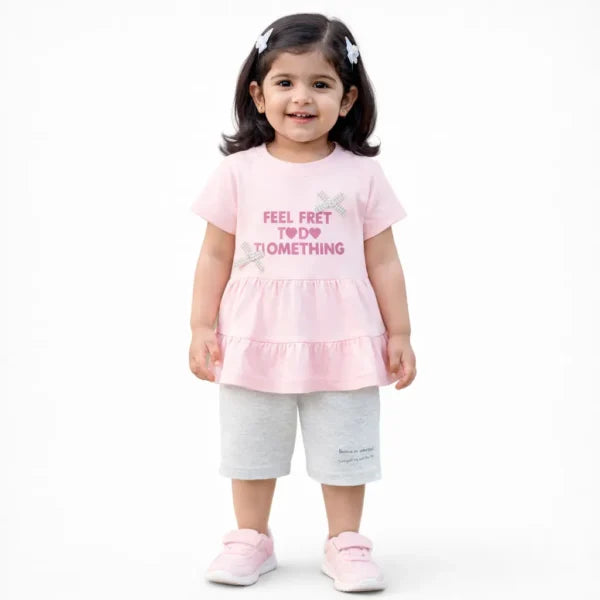 Pink Peplum T-Shirt & Grey Heather Shorts (Imported) – 1 to 5Y