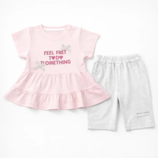 Pink Peplum T-Shirt & Grey Heather Shorts (Imported) – 1 to 5Y