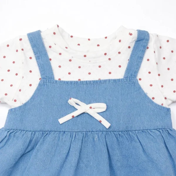 Polka Dot Denim Pinafore Dress Set – 1 TO 6Y