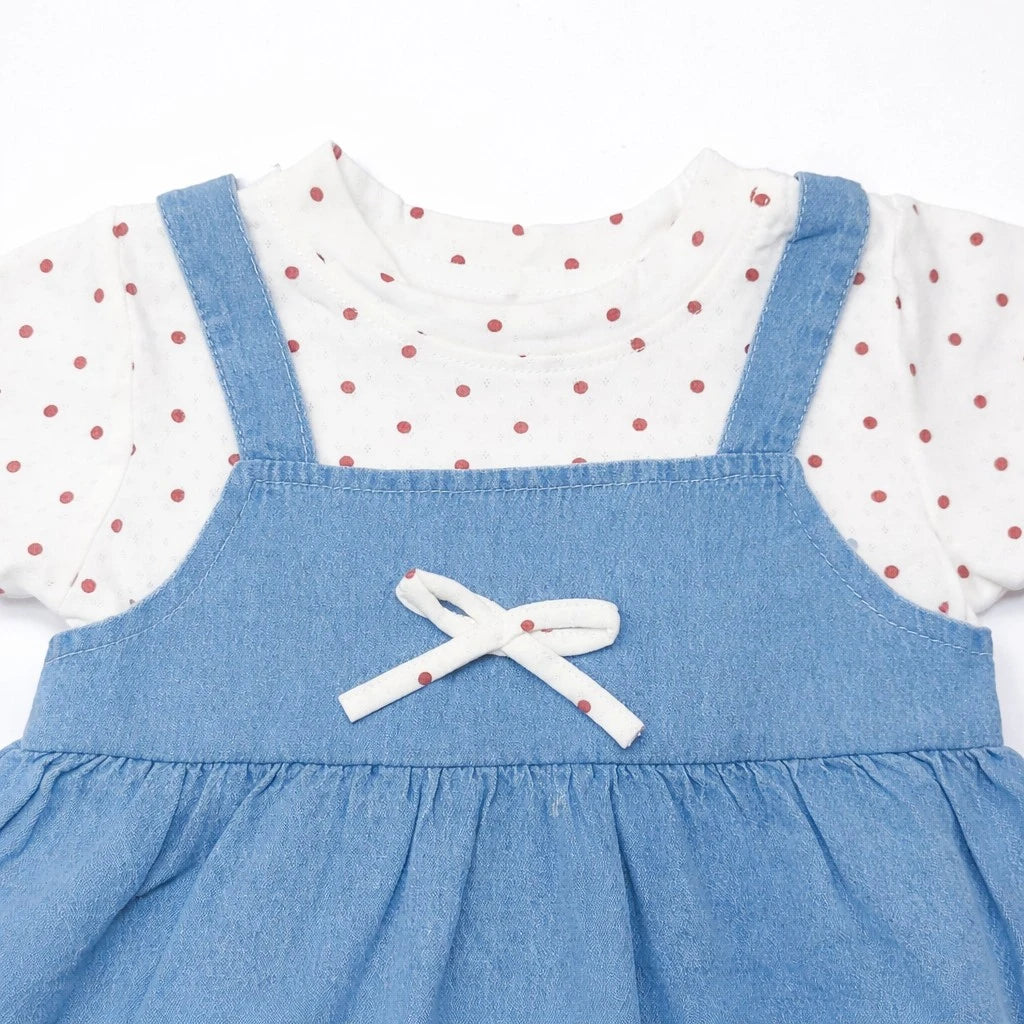 Polka Dot Denim Pinafore Dress Set – 1 TO 6Y