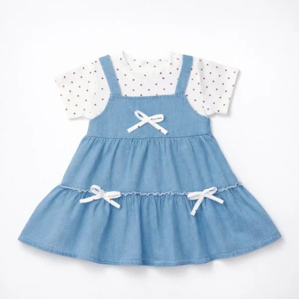 Polka Dot Denim Pinafore Dress Set – 1 TO 6Y