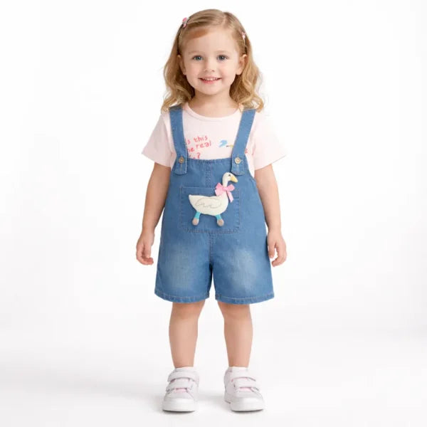 T-Shirt & Denim Dungaree Shorts Outfit Set (Imported) – 1 to 5Y