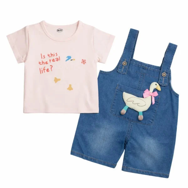 T-Shirt & Denim Dungaree Shorts Outfit Set (Imported) – 1 to 5Y