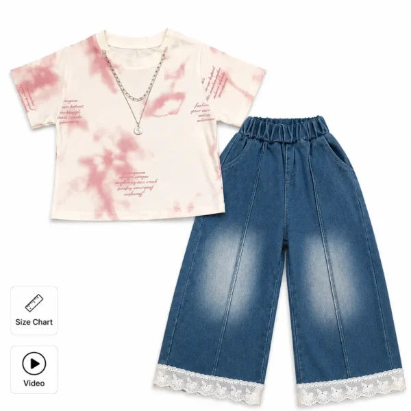 Tie Dye T Shirt & Wide Leg Denim Pants & Necklace 2 TO 7Y