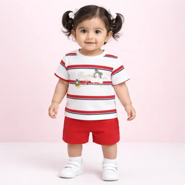 Nautical Striped T-Shirt and Red Shorts (Imported) – 6M to 3Y