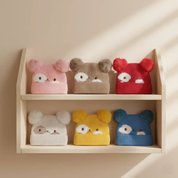 Winter Woolen Knitted Animal Face Cap (12 – 30M) – Double Pom Poms