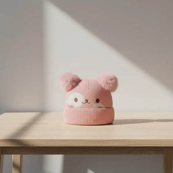 Winter Woolen Knitted Animal Face Cap (12 – 30M) – Double Pom Poms