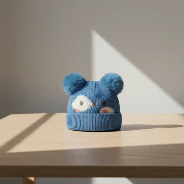 Winter Woolen Knitted Animal Face Cap (12 – 30M) – Double Pom Poms