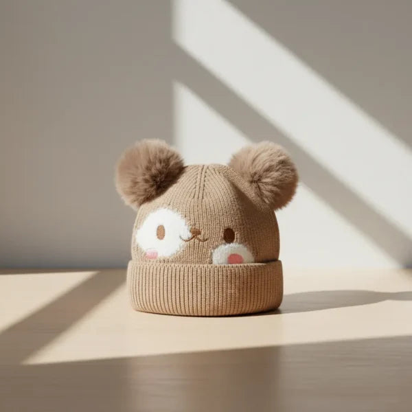 Winter Woolen Knitted Animal Face Cap (12 – 30M) – Double Pom Poms