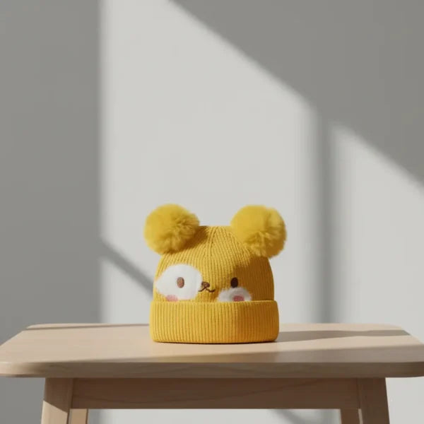 Winter Woolen Knitted Animal Face Cap (12 – 30M) – Double Pom Poms