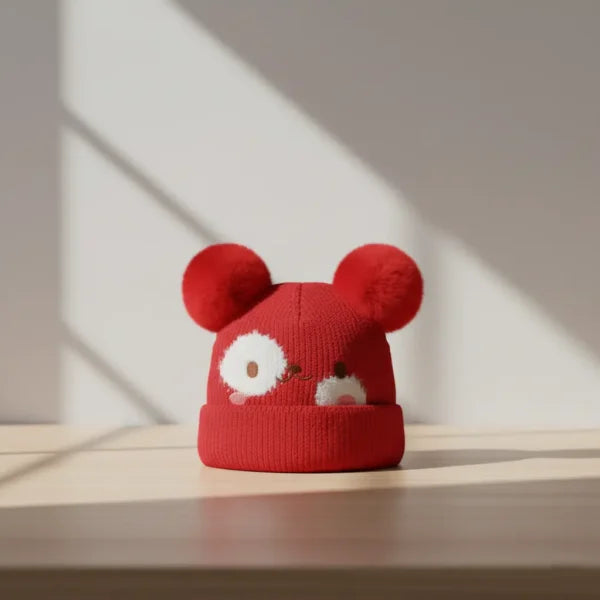 Winter Woolen Knitted Animal Face Cap (12 – 30M) – Double Pom Poms