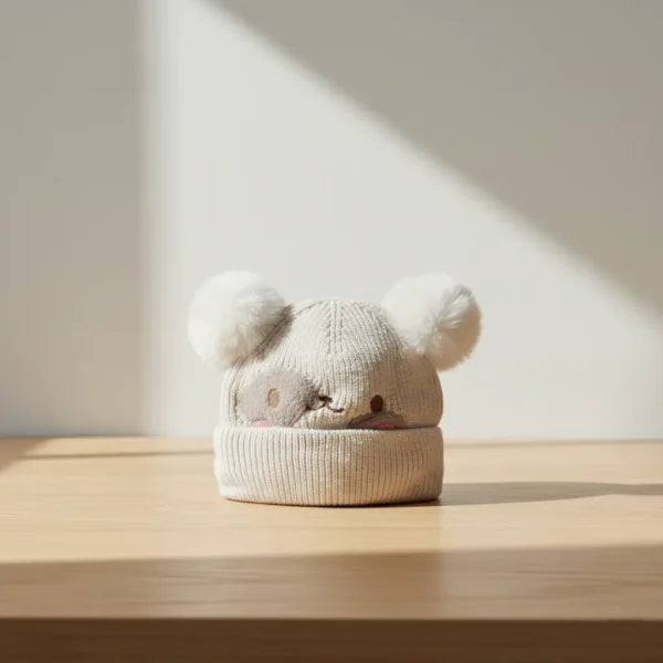 Winter Woolen Knitted Animal Face Cap (12 – 30M) – Double Pom Poms