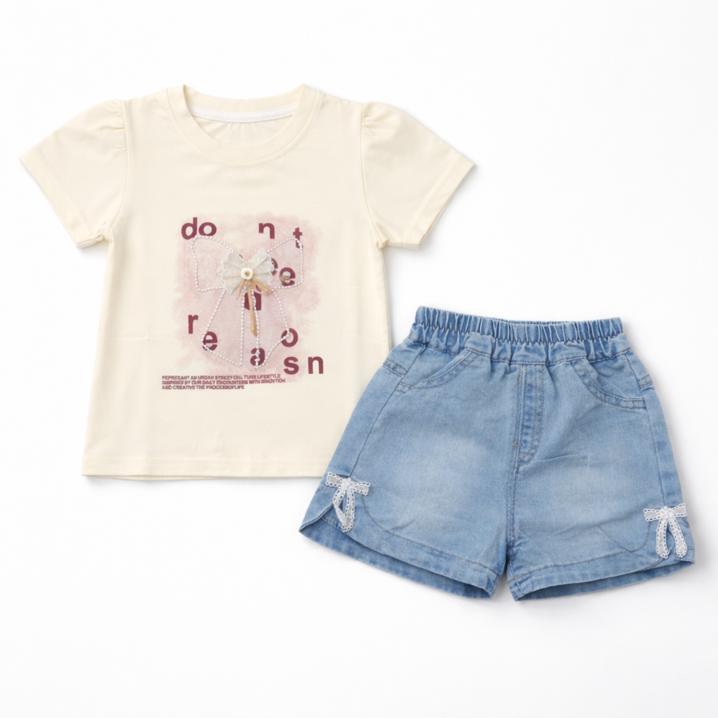 Girls White T-Shirt & Denim Shorts Outfit Set (Imported) – 1 to 5Y