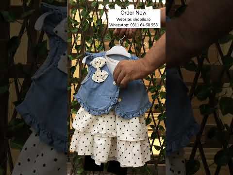3 Pc Polka Dot Dress Denim Jacket Frock and Tights 12M to 5Y
